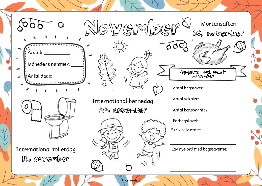 Lær om november måned. opgaveark om måneden og specielle datoer.