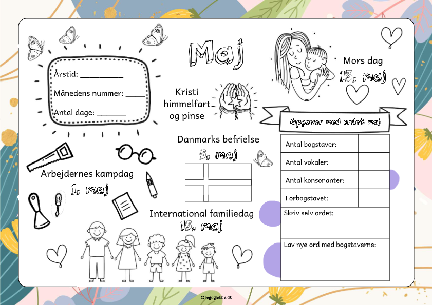 Opgaveark om maj måned. lær om månedens tema og specielle datoer.