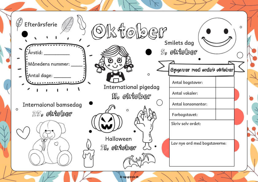 Opgaveark om måneder. Lær om oktober måned og specielle datoer.