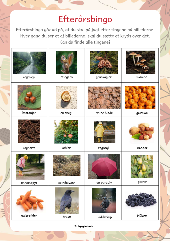 Efterårsbingo. Gå på jagt efter efterårs ting.