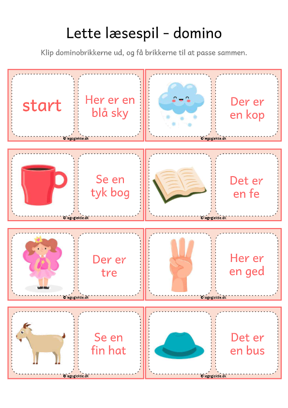 Læringsspil til dansk. Domino med korte sætninger.