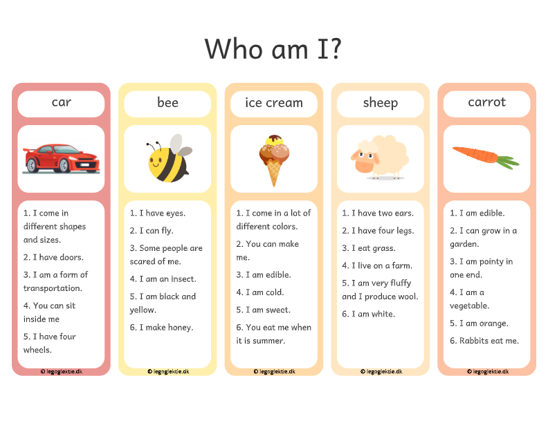 Engelsk læringsspil med 'guess who am i' til 3. - 5. klasse.