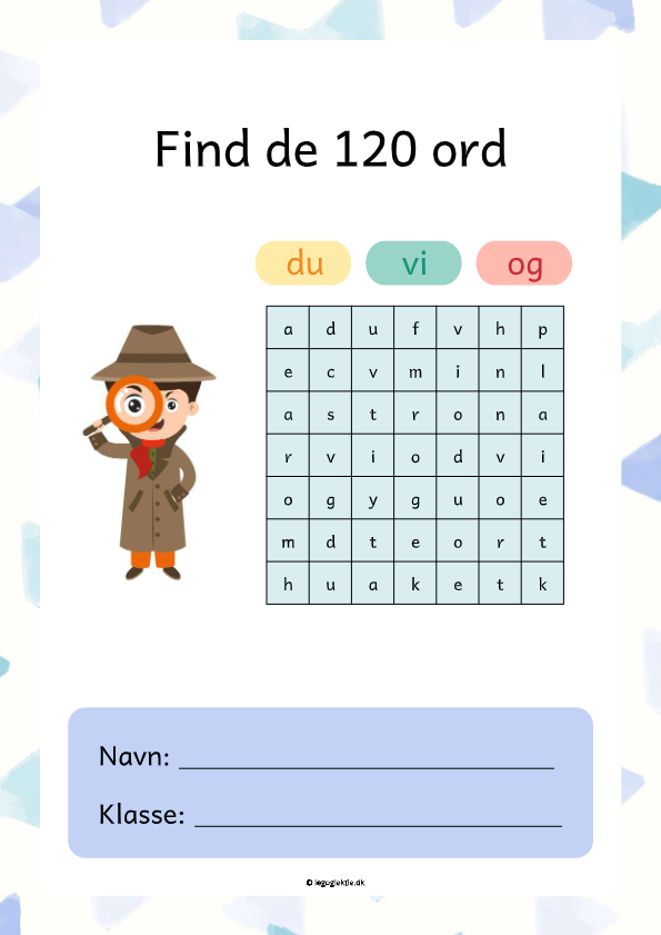 Opgavehæfte til dansk 0. - 1. klasse med ordjagt til de 120 ord.