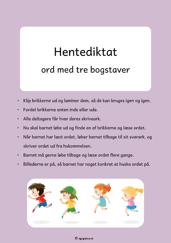 Hentediktat til dansk 1. - 2. klasse, ord med tre bogstaver.