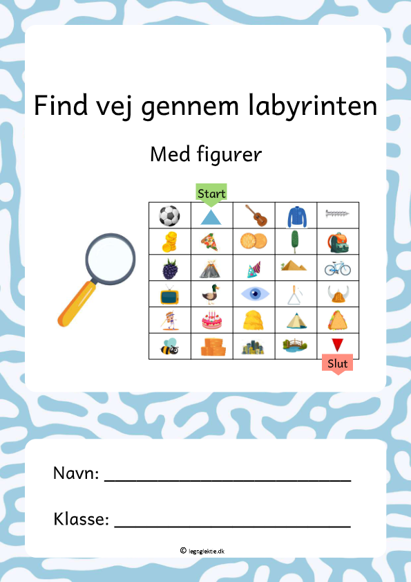 Matematikopgaver 0. - 1. klasse om at finde vej gennem labyrinten med figurer.