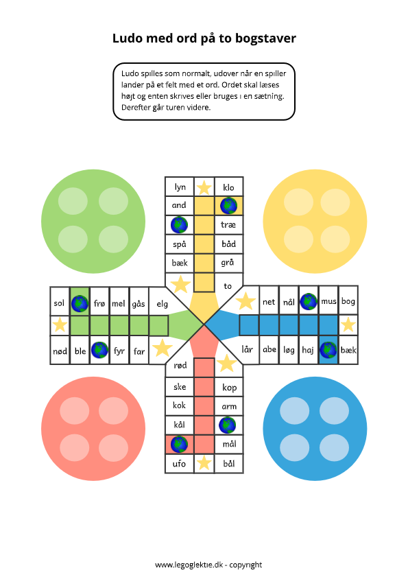 Ludo til dansk 1. klasse. Læringsspil med ord på tre bogstaver.