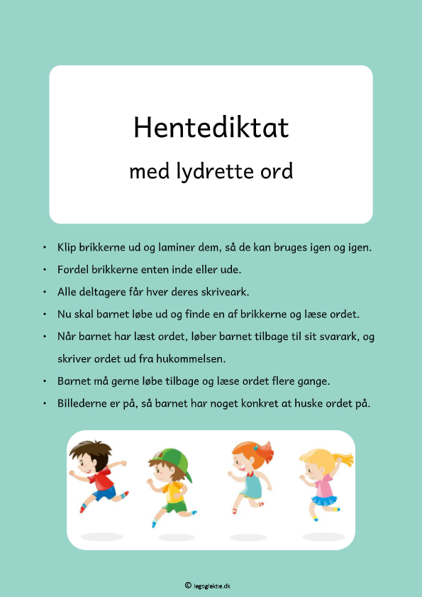 Hentediktat til dansk 1. - 3. klasse med lydrette ord. 5 forskellige.