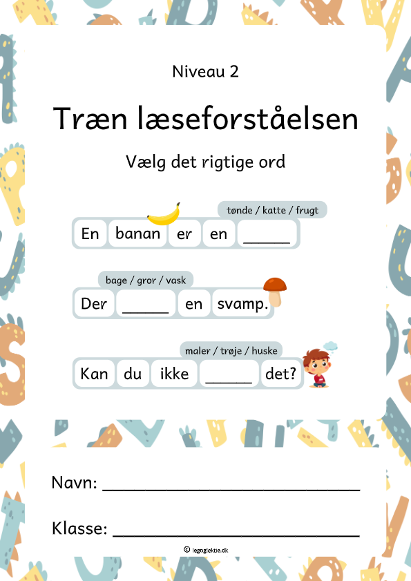 Læseopgaver til dansk 1. - 2. klasse med at vælge det rigtige ord.