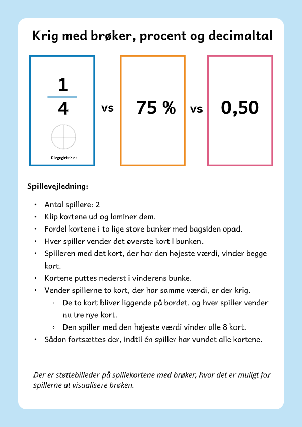 Læringsspil matematik 5. - 8. klasse. Krig med brøker, procent og decimaltal.