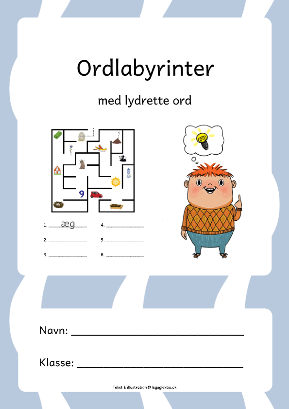 Danskopgaver 0. klasse og 1. klasse med ordlabyrinter med lydrette ord.