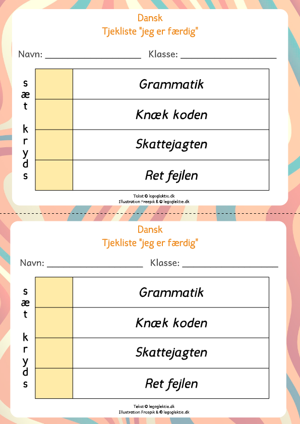 Tjekliste til jeg er færdig-serien, som er ekstraopgaver til dansk 2. klasse og dansk 3. klasse.
