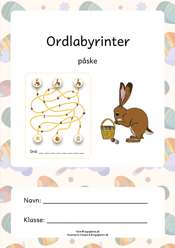 Danskopgaver med labyrinter og ord til påske og påskeopgaver til børn i 1. klasse og 2. klasse.