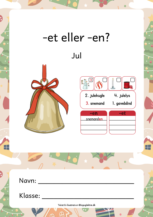 Juleopgaver til 2. klasse og 3. klasse med en eller et. Julehæfte, juledansk, opgavehæfter.