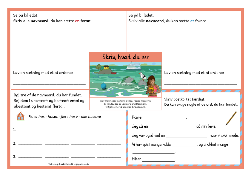 Danskopgaver til 2. klasse og 3. klasse med skriv hvad du ser med navneord.