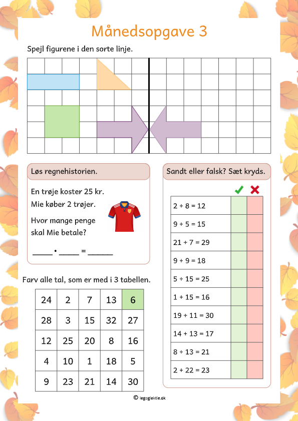 Månedsopgaver/matematikopgaver matematik 3. klasse med små opgaver og de fire regnearter.