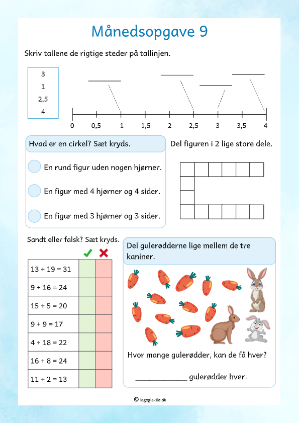 Månedsopgaver/matematikopgaver matematik 3. klasse med små opgaver og de fire regnearter.