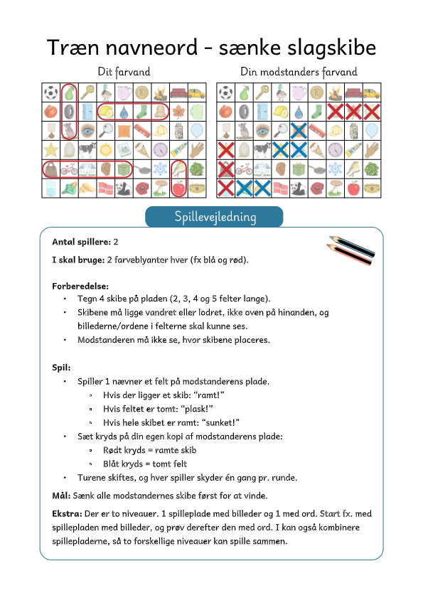 Danskspil sænke slagskibe med navneord.