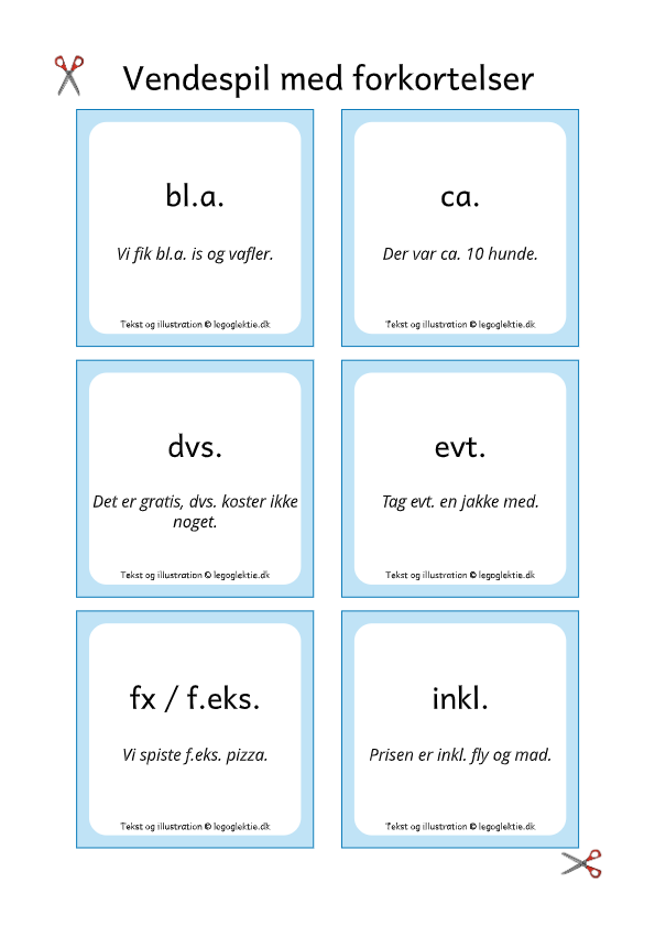 Vendespil med forkortelser til dansk mellemtrin. Danskspil til dansk.